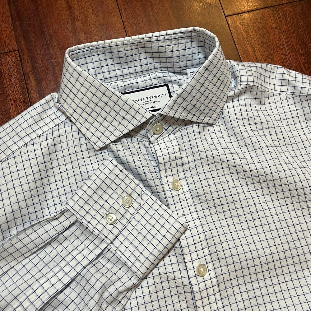 Charles Tyrwhitt Shirt Men 15.5 33 White Gray Plaid Extra Slim Fit Non Iron